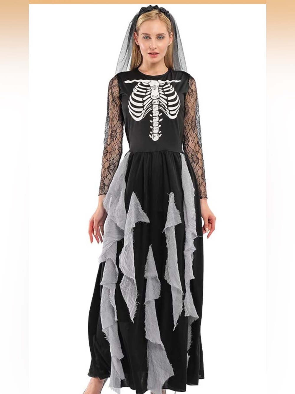 Black Skeleton Veil Costume Dress Adult size large but fits a medium better